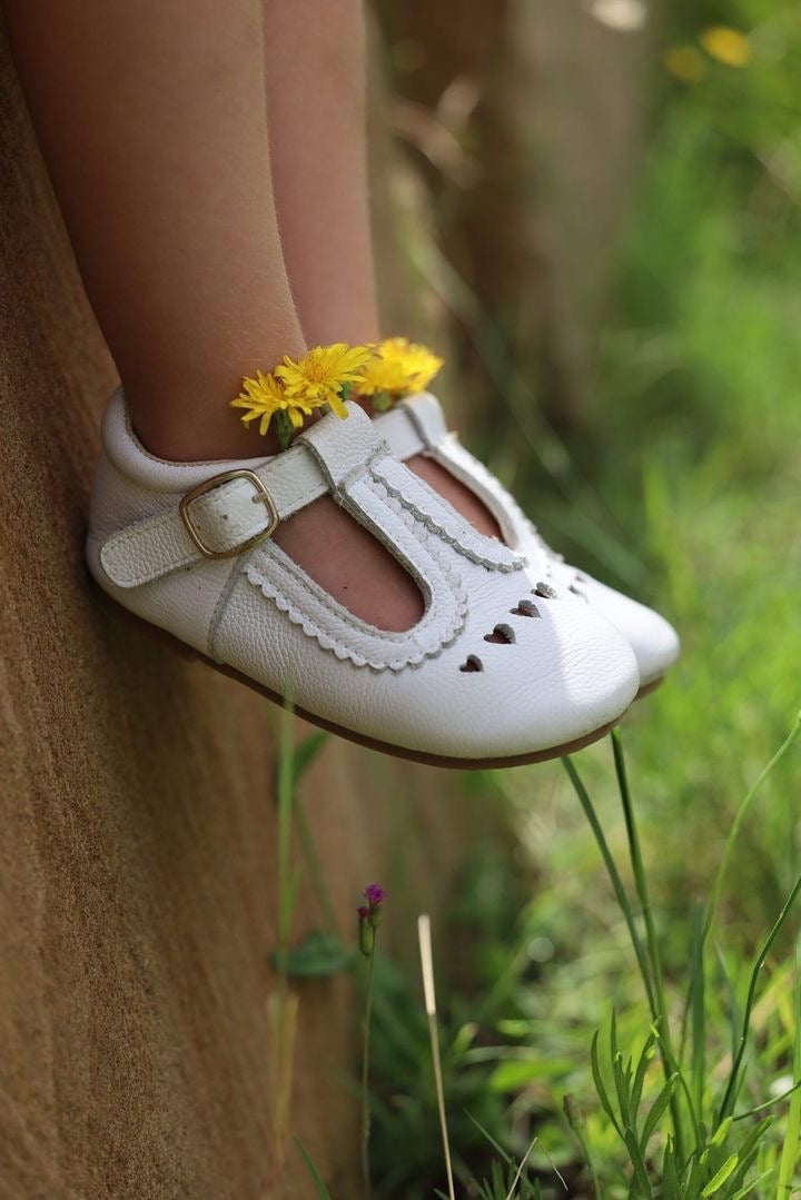 Bright White Leather Sweetheart T-Bar Shoes